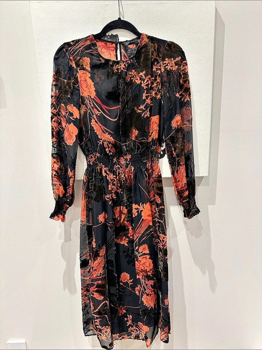 Zara Velvet Burnout Midi Dress Floral Midi Dress in Black & Orange Size Small